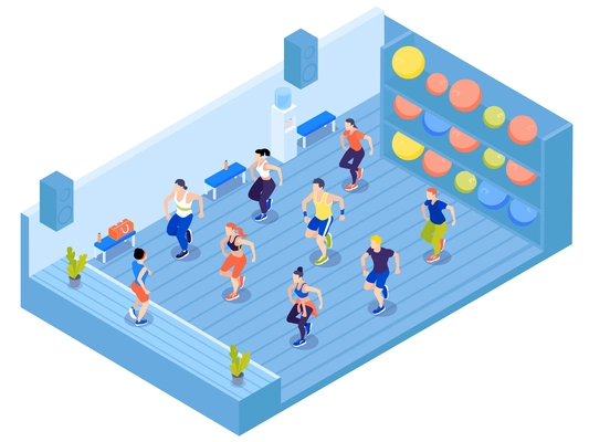 Group of people doing aerobics in gym with colorful fit balls on shelves 3d isometric vector illustration