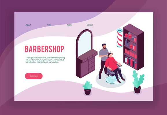 Isometric concept banner with hair stylist his client and barbershop interior 3d vector illustration