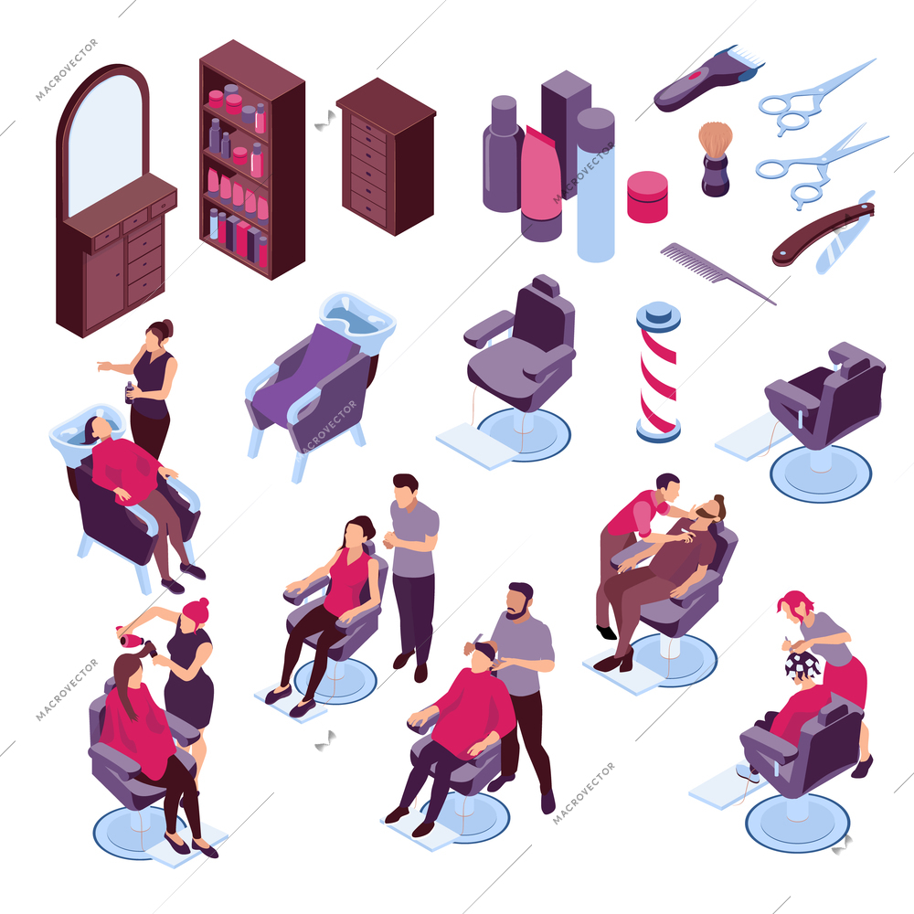 Isometric icons set with barbershop furniture tools and people coloring hair and shaving 3d isolated vector illustration