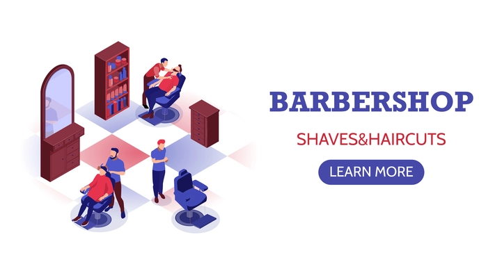 Isometric horizontal banner with stylists doing haircut and shaving beard in barbershop 3d vector illustration