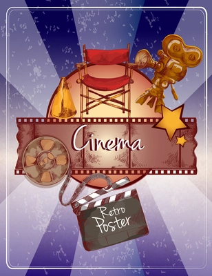 Colored cinema retro poster with camera directors chair clapper board doodle elements vector illustration