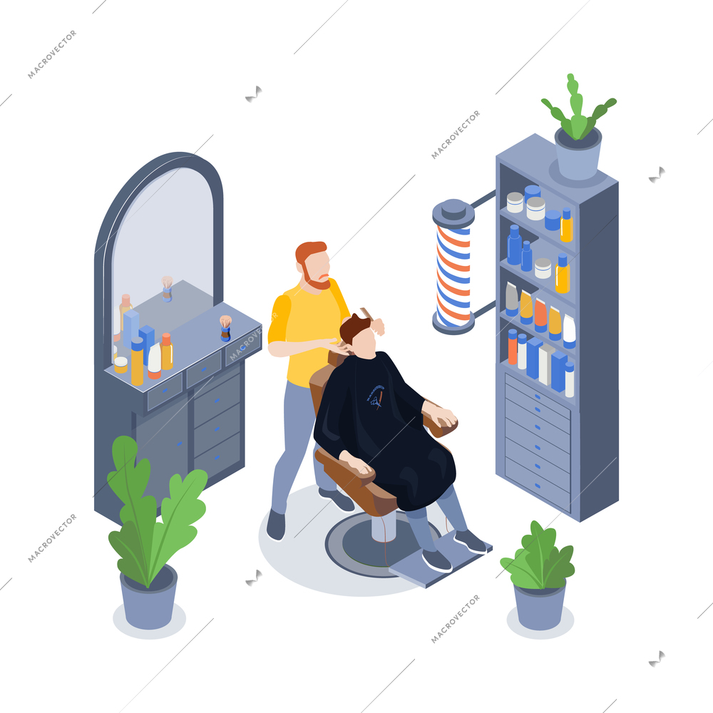 Isometric barbershop composition with male stylist and his client having hair cut 3d vector illustration