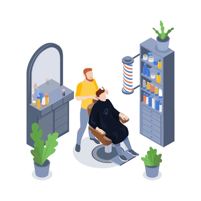 Isometric barbershop composition with male stylist and his client having hair cut 3d vector illustration