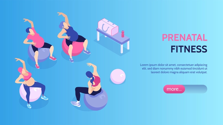 Women at prenatal fitness classes in gym horizontal isometric banner 3d vector illustration