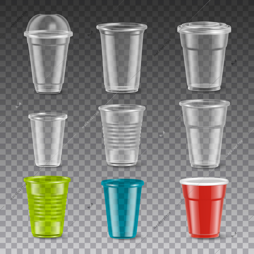 Empty disposable colorful plastic glasses with and without lids realistic set isolated on transparent background vector illustration