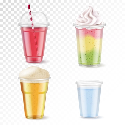 Realistic set of four disposable plastic glasses with various beverages isolated on transparent background vector illustration