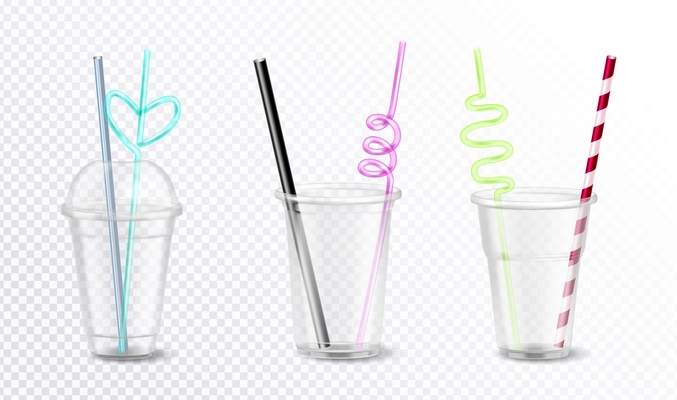 Three empty disposable plastic glasses with unusual colorful straws set isolated on transparent background realistic vector illustration