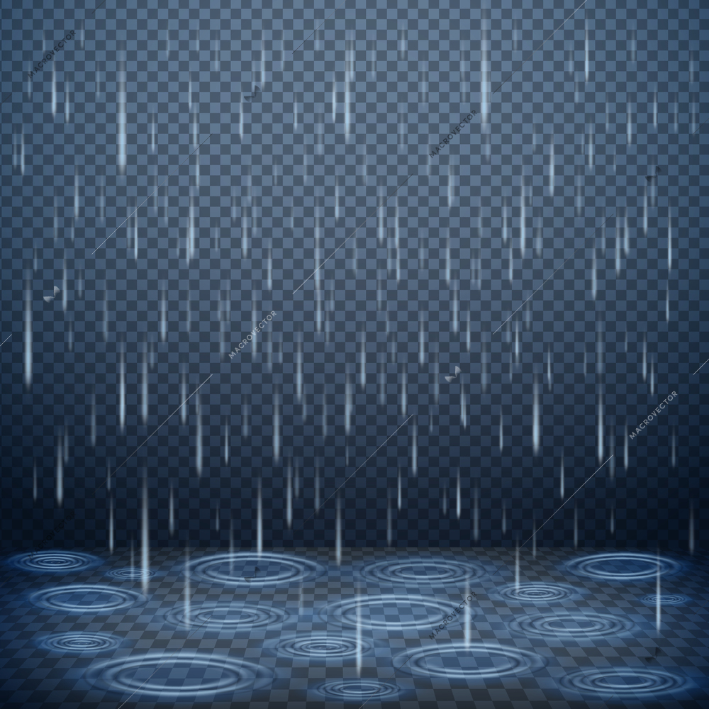 Falling rain drops on dark transparent background realistic vector illustration