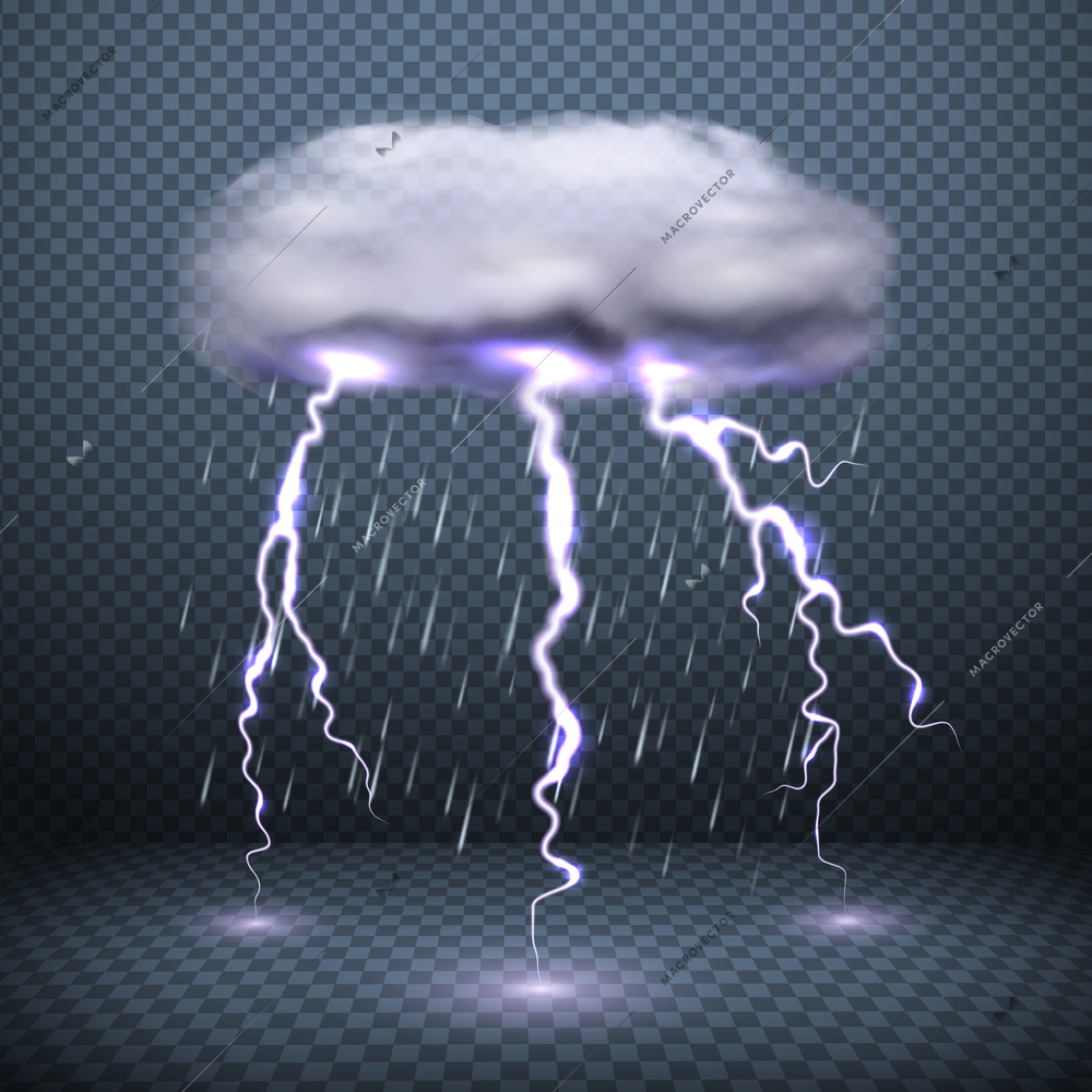 Dark transparent background with stormy cloud lightning and falling rain realistic vector illustration