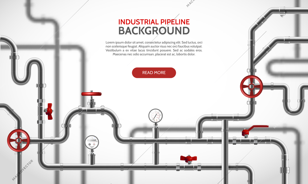 Industrial steel pipeline with red faucets realistic background vector illustration