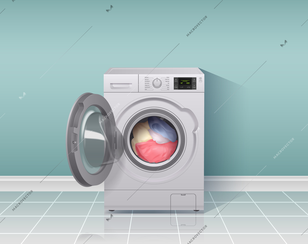 Washing machine realistic composition with housework equipment symbols vector illustration