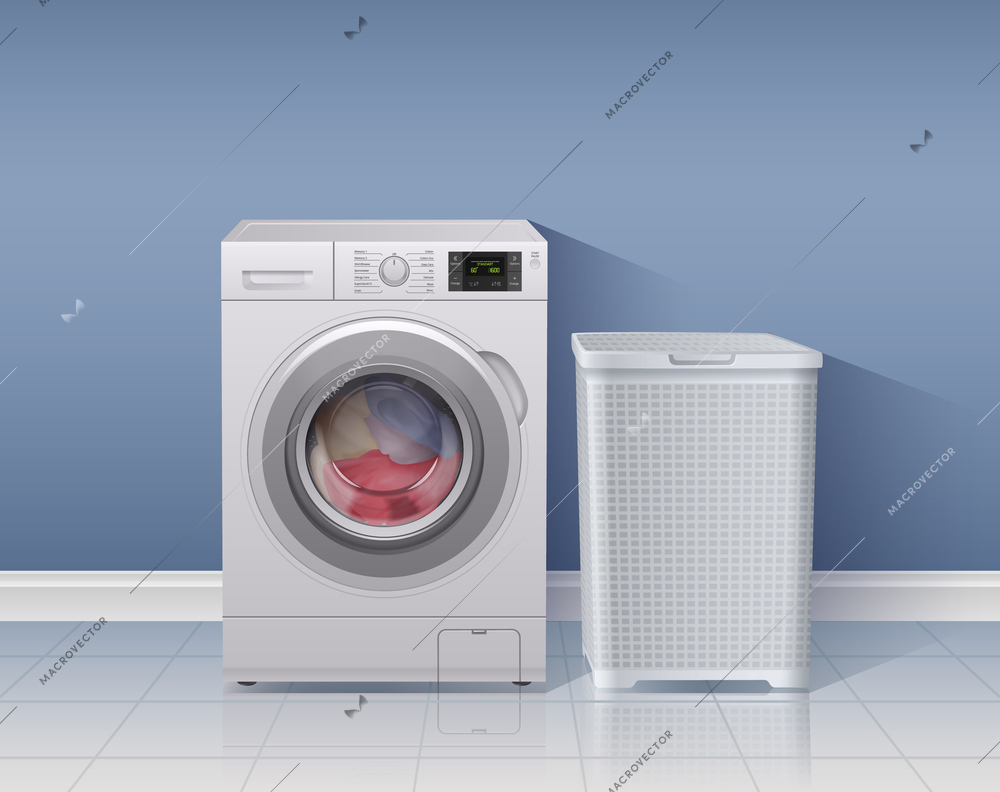 Washing machine realistic background with laundry equipment symbols vector illustration