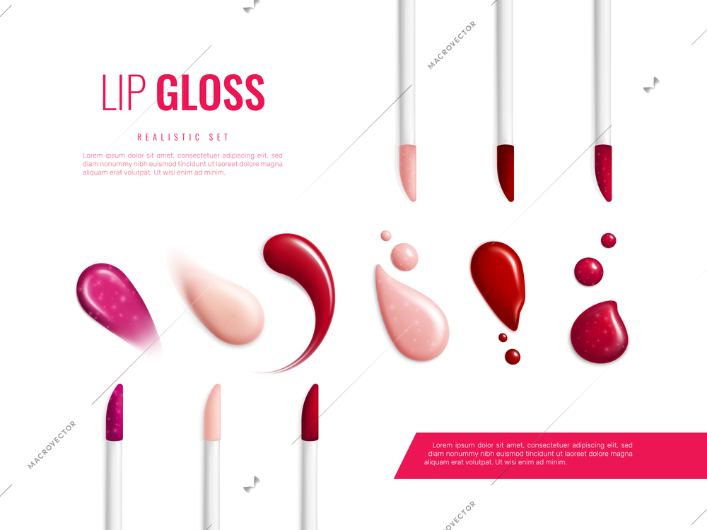 Lip gloss smears color realistic banner with different swatch glitter and matte vector illustration