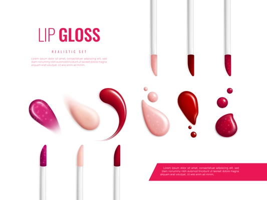 Lip gloss smears color realistic banner with different swatch glitter and matte vector illustration