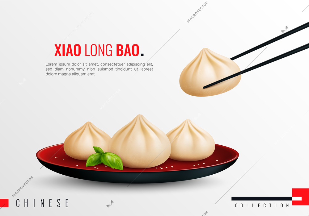 Dumplings ravioli manti colored and realistic composition with xiao long bao headline vector illustration