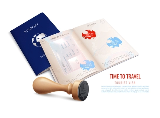 Biometric passport visa stamps realistic with time to travel tourist visa headline vector illustration