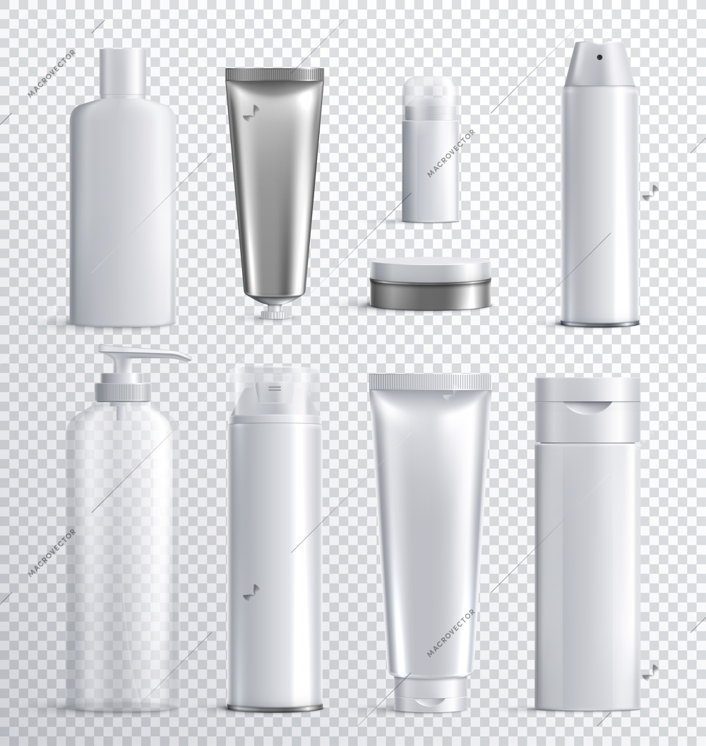 Mens cosmetics bottles transparent realistic icon set with transparent background for liquid spray shampoo or skincare vector illustration