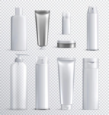 Mens cosmetics bottles transparent realistic icon set with transparent background for liquid spray shampoo or skincare vector illustration