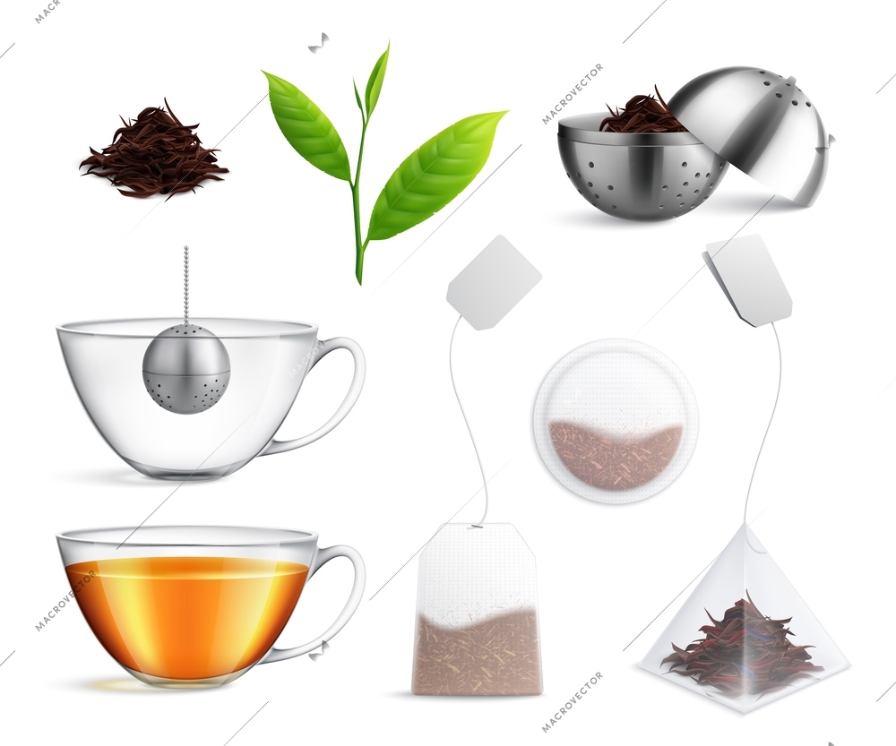 Tea brewing bag realistic icon set different types of tea brewing strainer and tea bag par example vector illustrationK