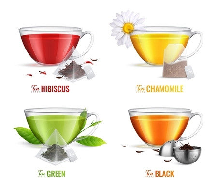 Four square realistic tea brewing bag icon set with hibiscus chamomile green and black tea flavors vector illustration