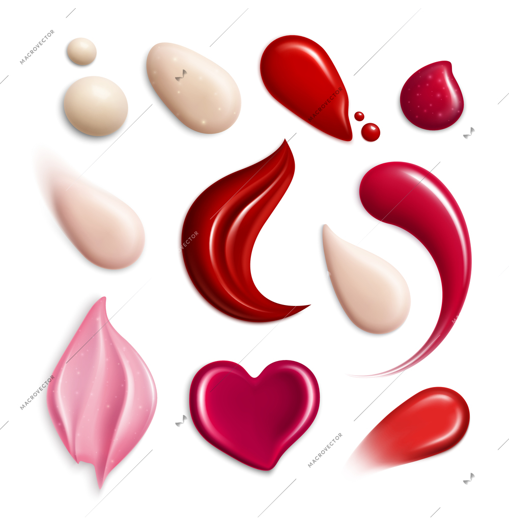 Cosmetic foundation lipgloss cream smears realistic icon set with swatch different shapes and tones vector illustration