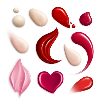 Cosmetic foundation lipgloss cream smears realistic icon set with swatch different shapes and tones vector illustration