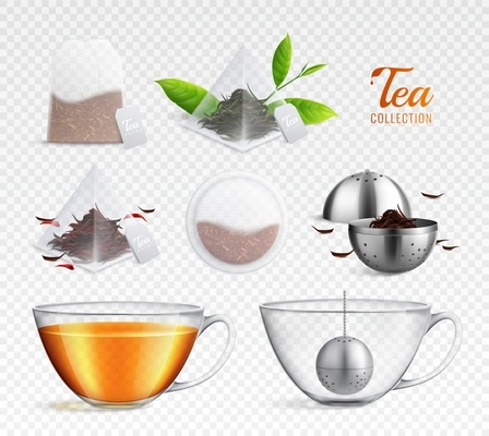 Tea brewing bag realistic transparent icon set with different elements on transparent background vector illustration