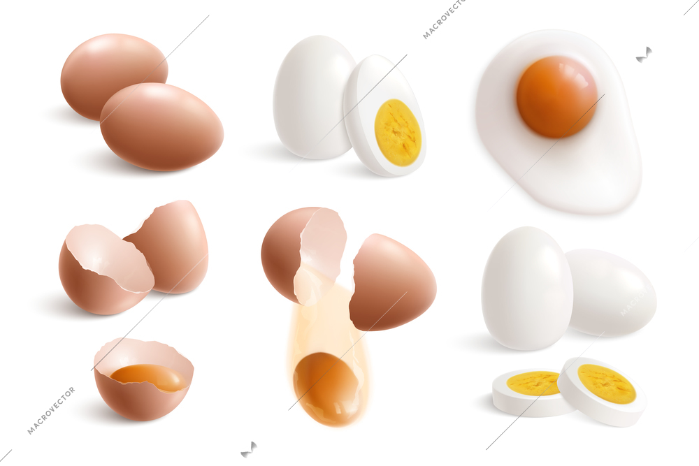 Isolated hen eggs realistic icon set with boiled fried eggs eggshell and yolks vector illustration