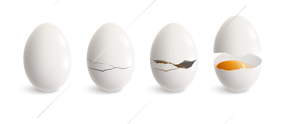 Cracking egg realistic icon set white egg and four steps of crackling vector illustration