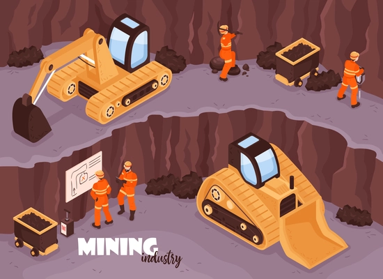 Mine industry background with characters of workers in uniform open mine scenery with excavators and text vector illustration