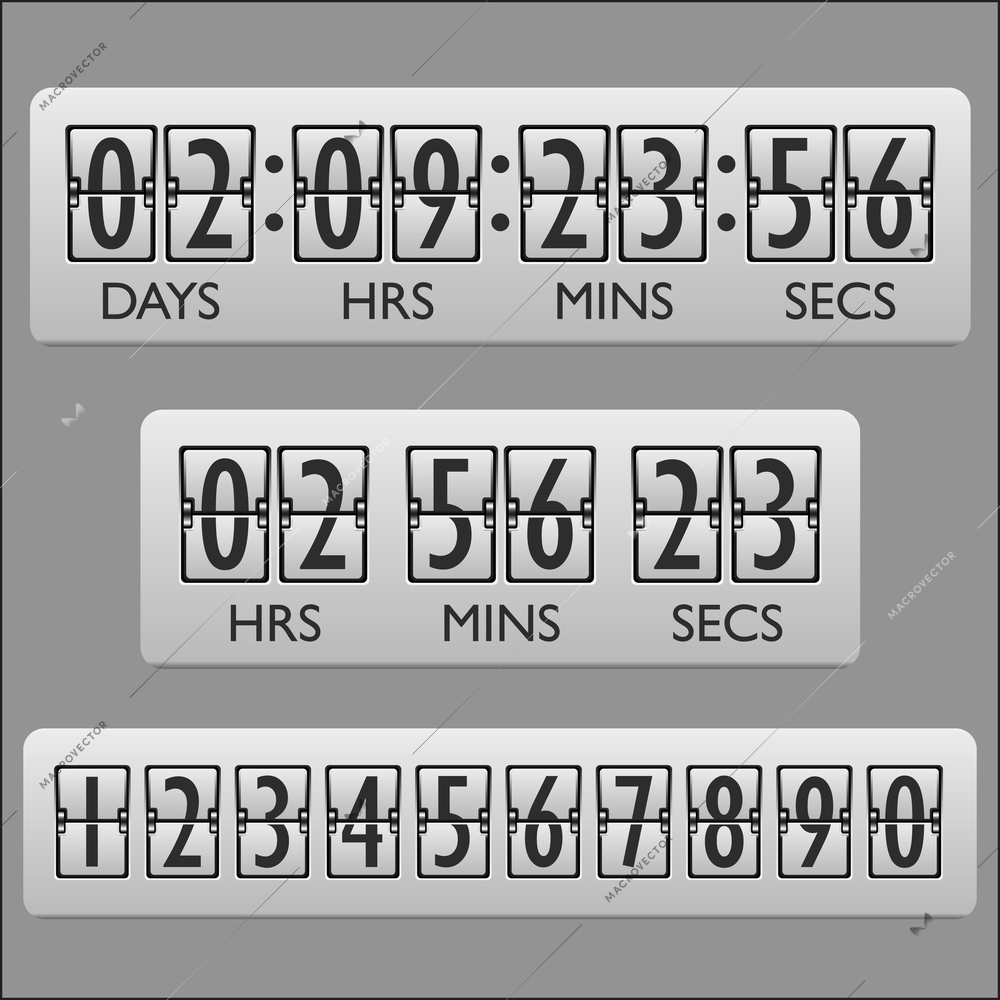 Countdown clock timer mechanical numbers board panel indicator display vector illustration