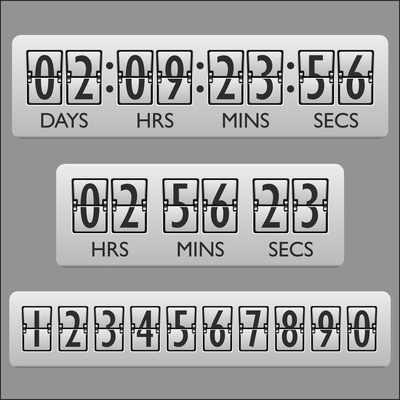 Countdown clock timer mechanical numbers board panel indicator display vector illustration