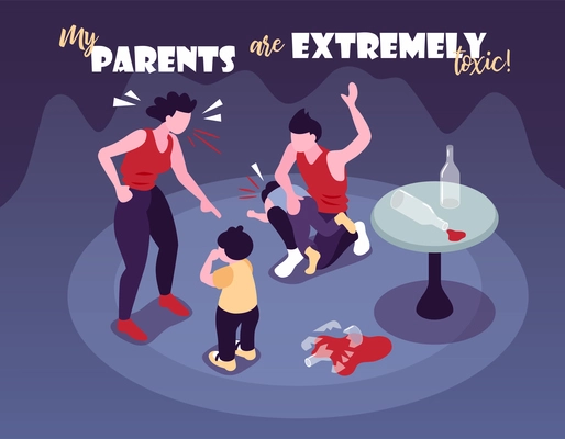 Isometric negative parenting background composition with text and faceless characters of alcoholic parents beating their kids vector illustration