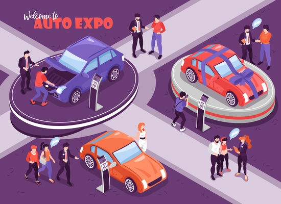 Isometric car showroom background with human characters of people with thought bubbles and cars on podium vector illustration
