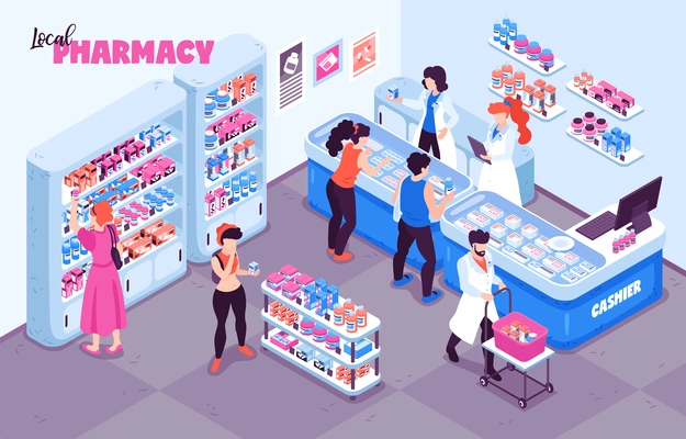 Pharmacy isometric background composition with indoor view of medicine store human characters and racks with shelves vector illustration