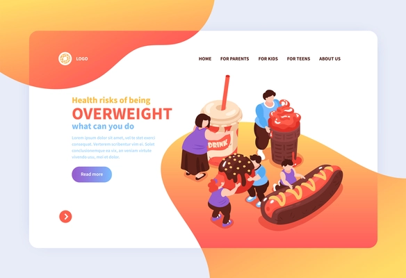 Isometric overeating gluttony website page design background with images of harmful food people links and text vector illustration