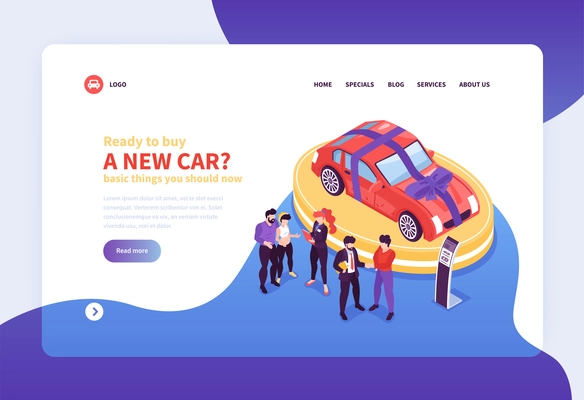 Isometric car showroom web site landing page concept background with images clickable links and editable text vector illustration