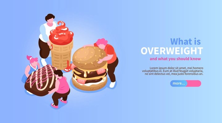 Isometric overeating gluttony banner with slider button editable text and characters of fat people with sweets vector illustration