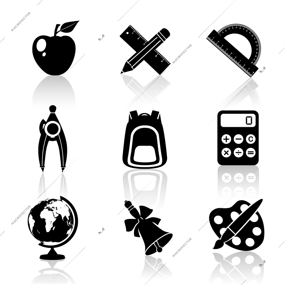 Black school education icons set of drawing compasses backpack calculator isolated vector illustration