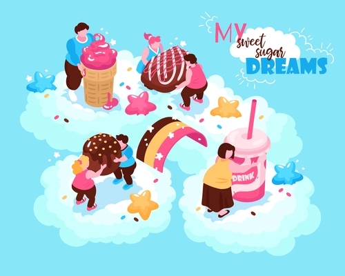 Isometric overeating gluttony composition with conceptual images of sweet confectionery products and fat people on clouds vector illustration
