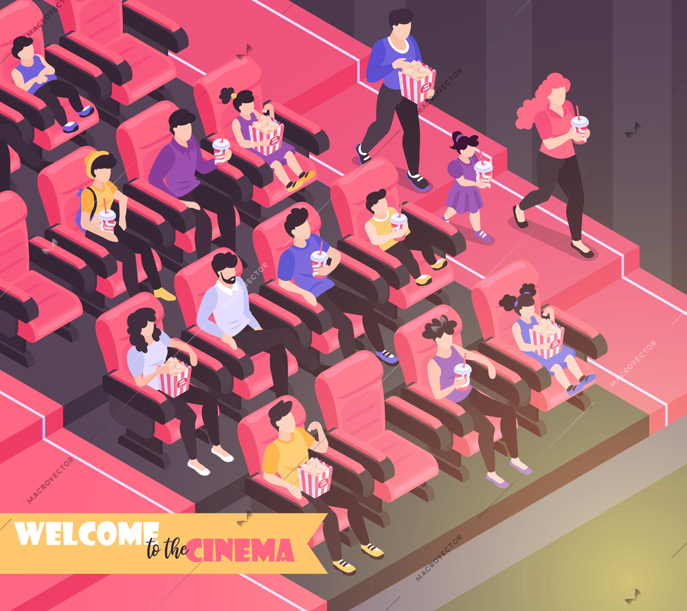 Isometric movie cinema composition background with indoor view of movie theater auditorium with chairs and audience vector illustration