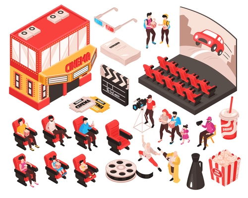 Isometric movie cinema set of isolated elements theater building audience seats and accessories of movie watchers vector illustration