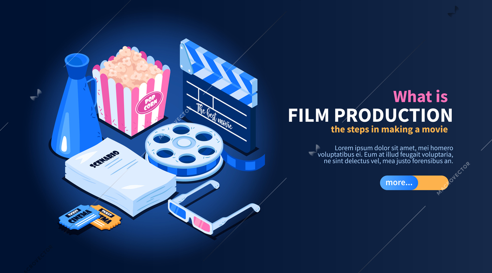 Isometric movie cinema flowchart concept with images of random cinema-related items text and slider button vector illustration