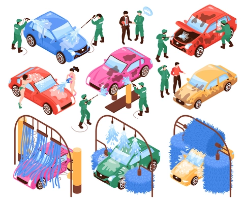 Isometric car washing services set of isolated images workers in uniform and cars on blank background vector illustration