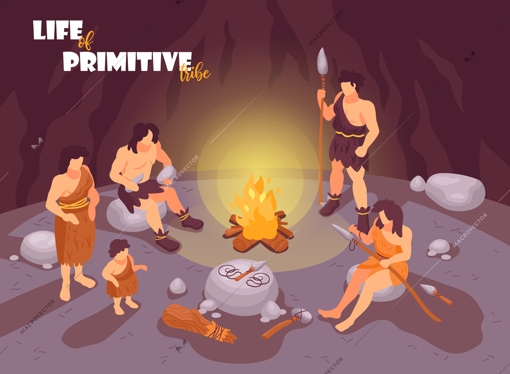 Isometric primitive people caveman composition with cave scenery bonfire and human characters of tribe family members vector illustration