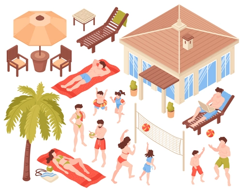 Isometric beach house tropic holidays people set with isolated human characters house and tropical plants images vector illustration