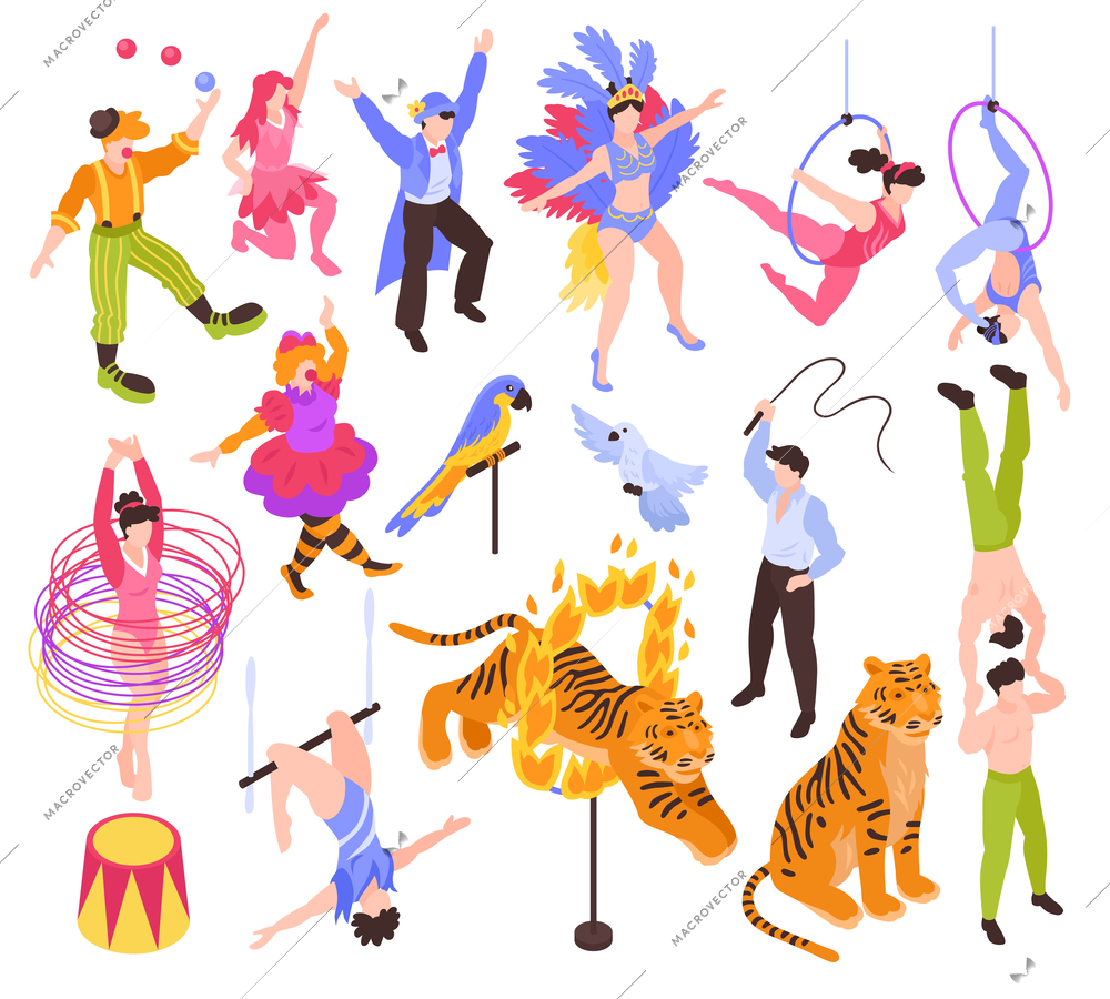 Isometric circus performers artists actors show set with isolated human characters and animals on blank background vector illustration