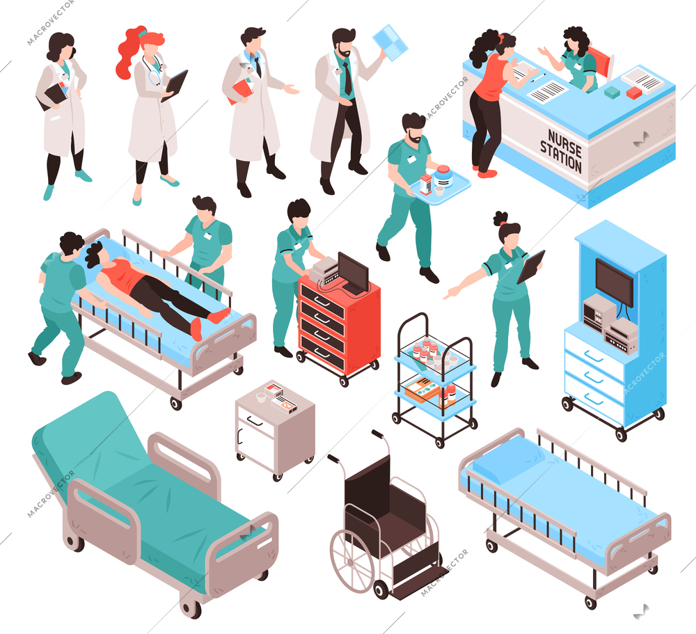 Isometric doctor nurse hospital workers set with isolated human characters in uniform clothes with furniture items vector illustration