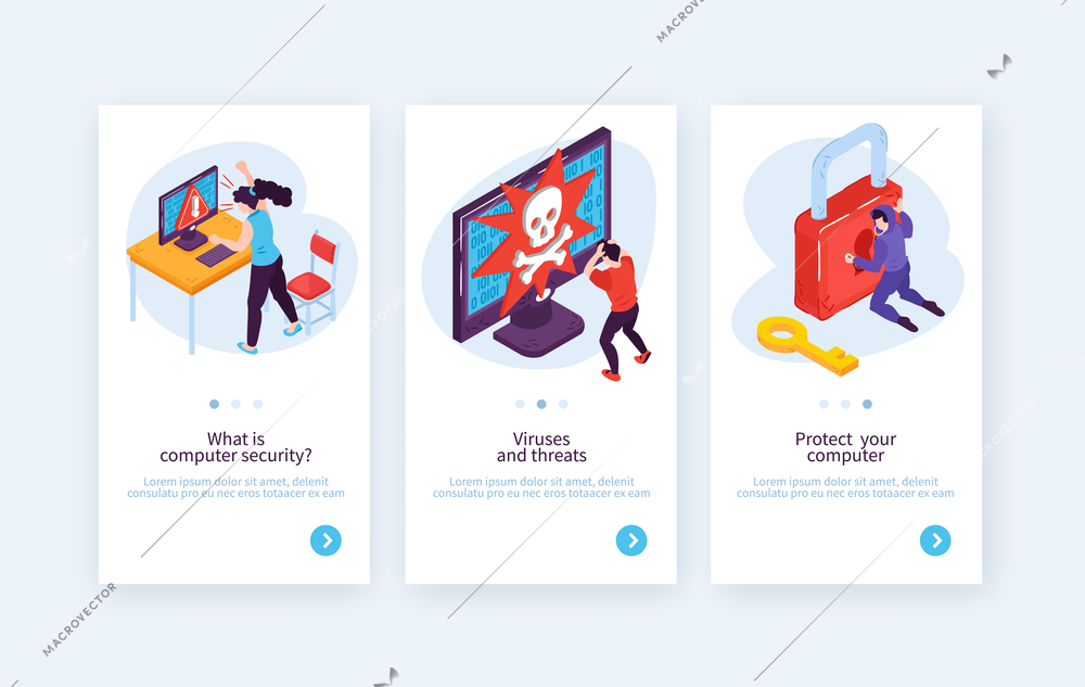 Set of three vertical isometric hacker banners with conceptual images of people hacking systems with text vector illustration