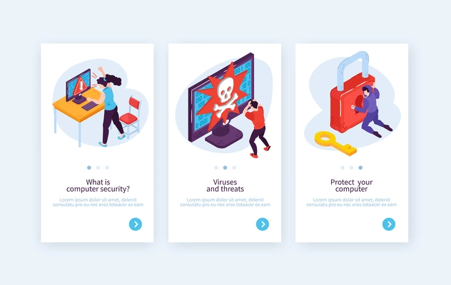 Set of three vertical isometric hacker banners with conceptual images of people hacking systems with text vector illustration